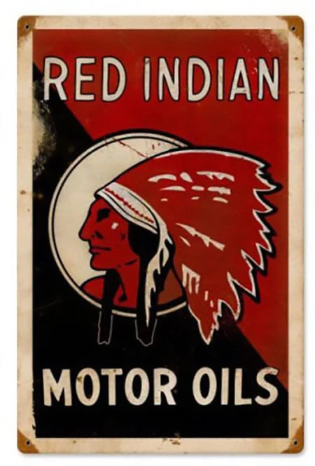 Vintage Red Indian Motor Oils metal sign 24 x 36 inches featuring red and black advertising artwork and historical Native American profile illustration