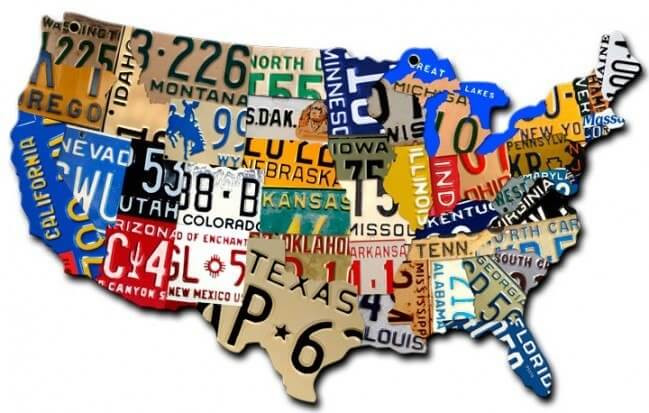 Small 10x6 USA map custom shape metal sign featuring colorful vintage state license plate graphics, numbers and lettering in a collage of the United States