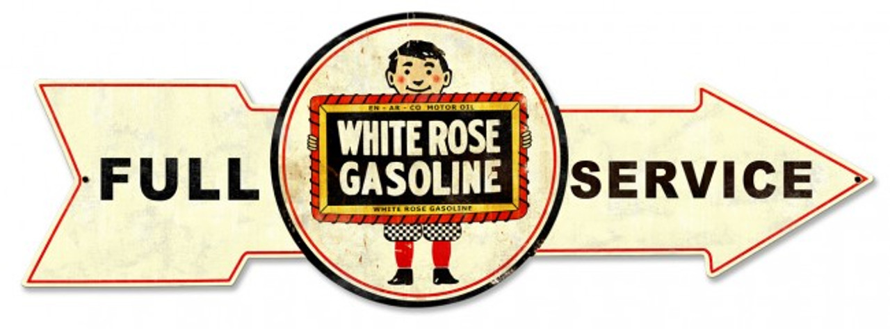 Full Service White Rose Gasoline Arrow Metal Sign 32 x 11 Inches