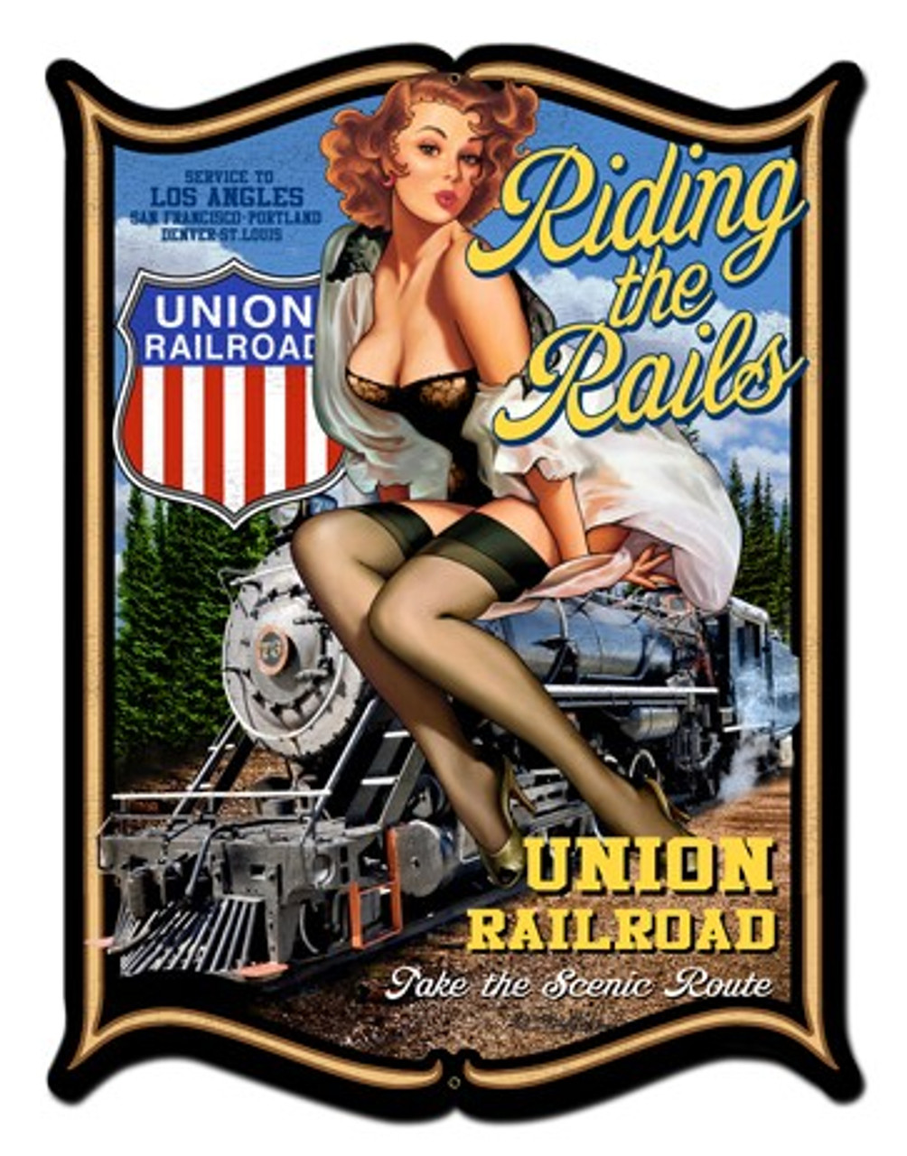 Riding The Rails Pinup Girl Metal Sign 24 x 33 Inches