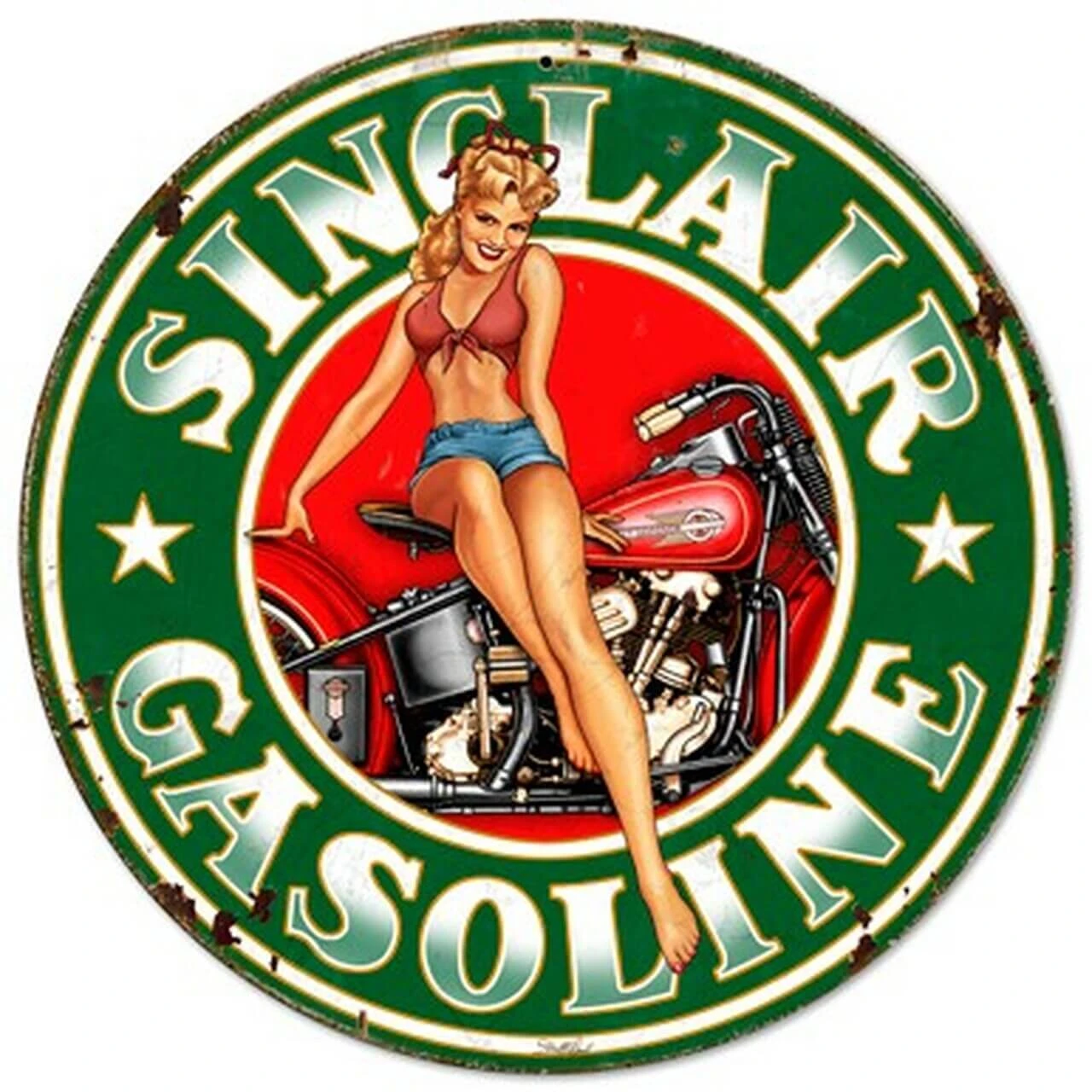 Sinclair Gasoline Pinup Girl Metal Sign 30 x 30 inches featuring blonde pin-up in red top and blue shorts sitting on vintage red motorcycle inside green round gasoline logo.