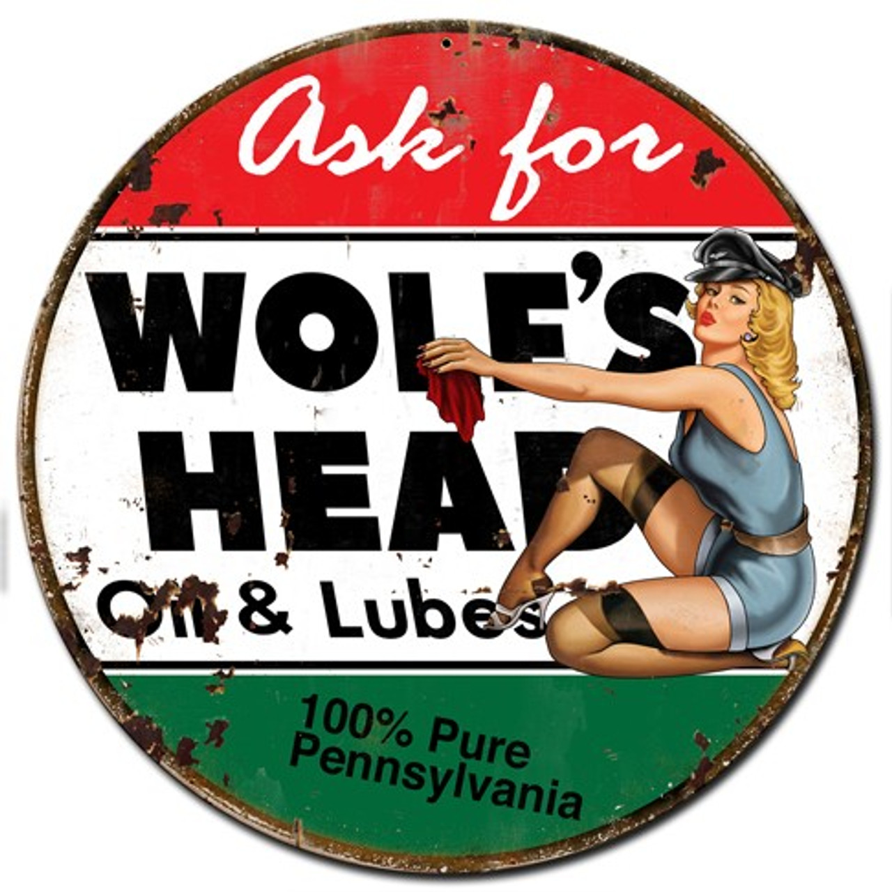 Wolf's Head Oil Pinup Girl Metal Sign 14 x 14 Inches