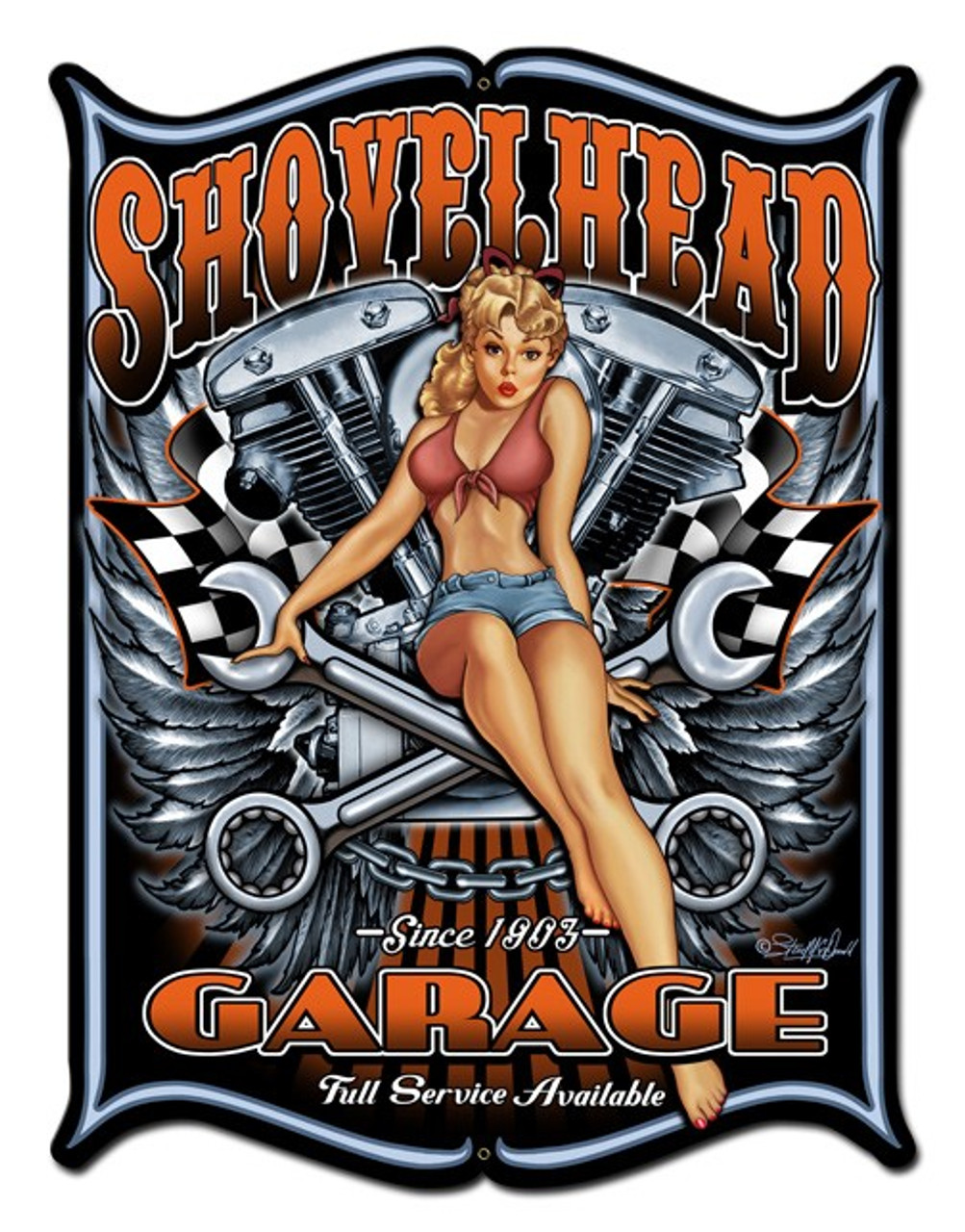 Shovelhead Pinup Girl Metal Sign 24 x 33 Inches