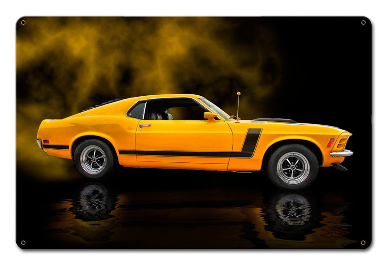 1970 Yellow Mustang Boss 302 Fastback Metal Sign 18 x 12 Inches