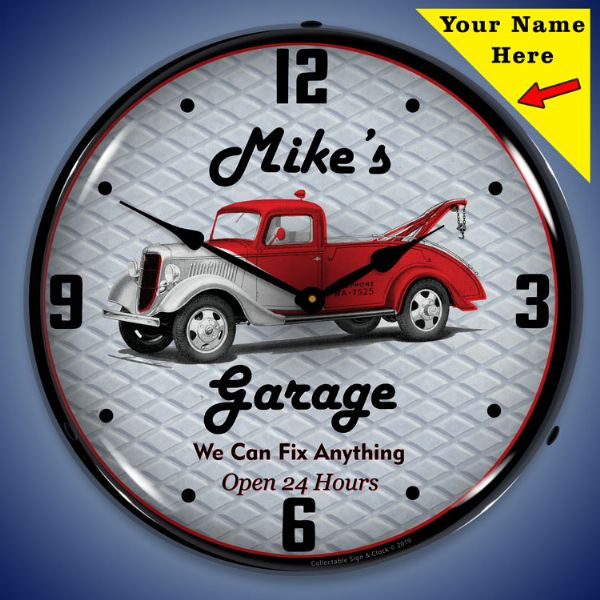 Personalized Garage LED Lighted Wall Clock 14 x 14 Inches (Add Your Name)