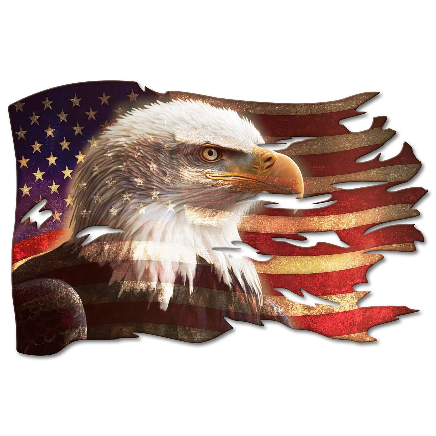 Bald Eagle Tattered American Flag Cutout Metal Sign 18 x