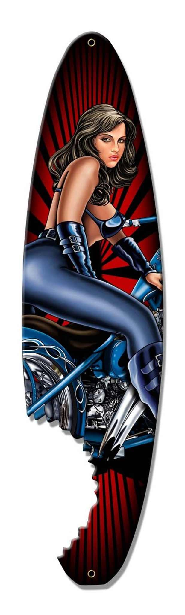Pin Up Surfboard Blue Bike Metal Sign 6 x 24 Inches