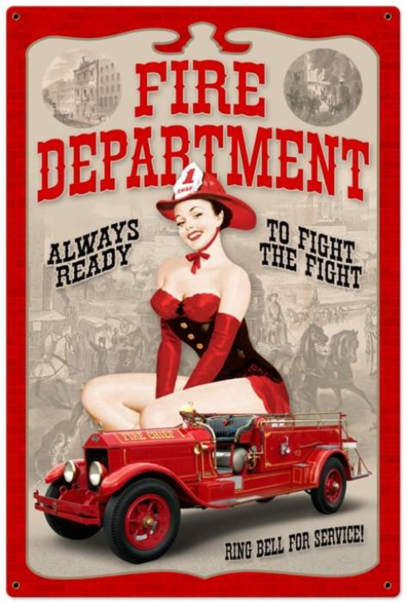 Retro Fire Department Pinup Pin Up Girl Metal Sign 24 X 36 Inches