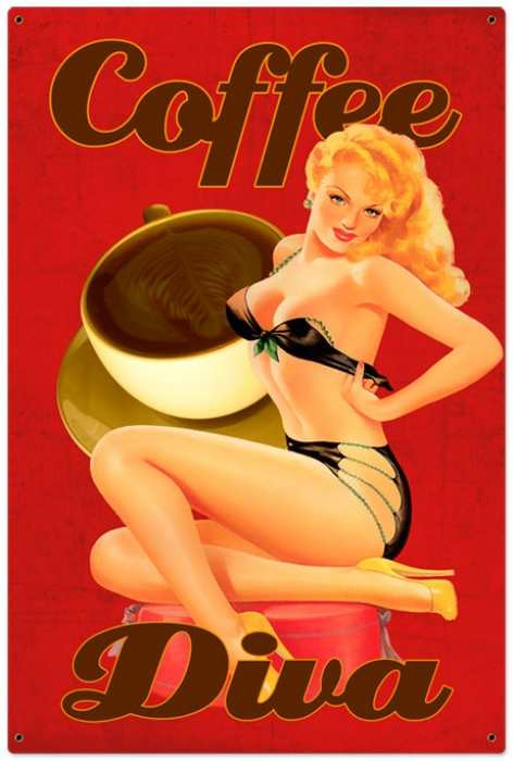 Retro Coffee Diva Pin Up Girl Metal Sign 24 X 36 Inches