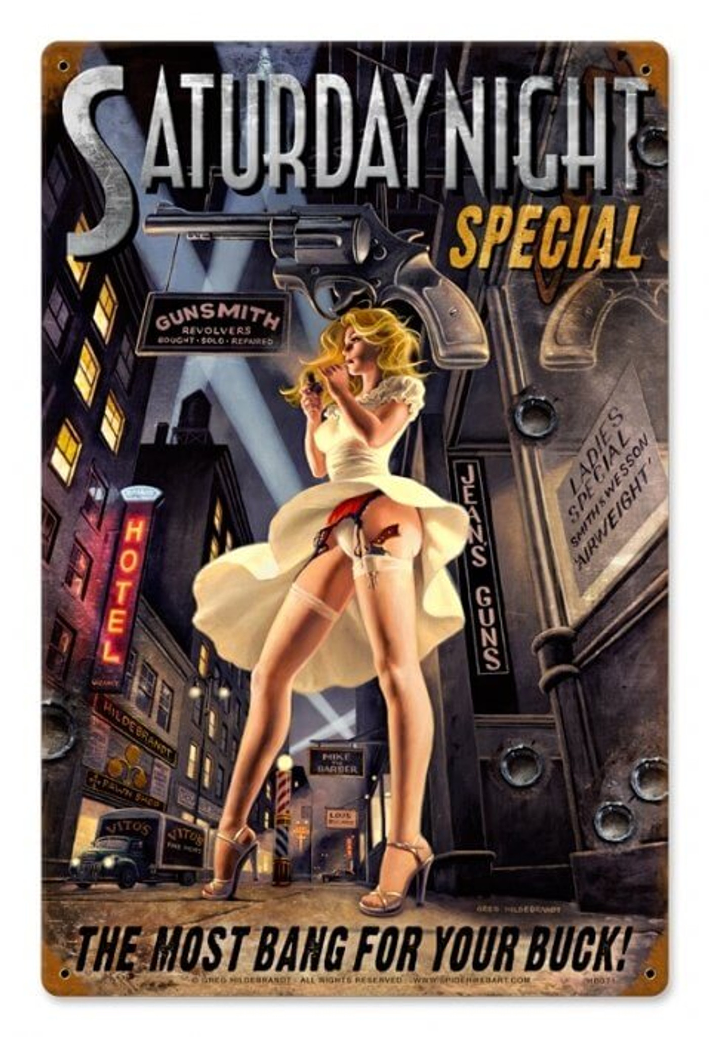 Vintage Saturday Night Special Pin Up Girl Metal Sign 12 X 18 Inches