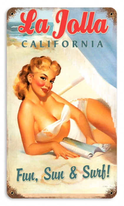 Targa in metallo vintage La Jolla Pinup - Pin-Up Girl 20,3 x 30,5 cm