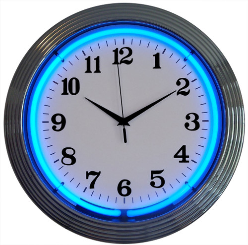 Retro Chrome Blue Standard Neon Clock 15 X 15 Inches