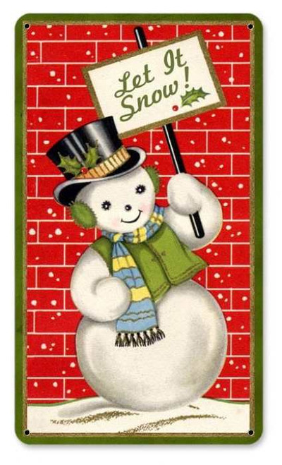 Vintage Snowman Metal Sign   8 x 14 Inches