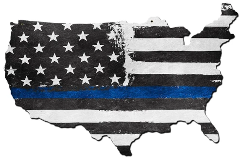 Thin Blue Line USA map metal sign 19 x 13 inches with custom-cut United States outline, distressed black-and-white American flag and single bright blue stripe