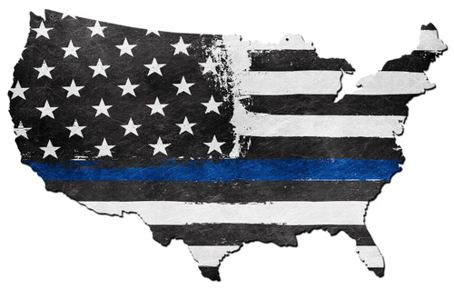 Thin Blue Line USA Map metal sign with distressed black and white American flag, blue stripe and custom-cut United States shape, 25 x 16 inches