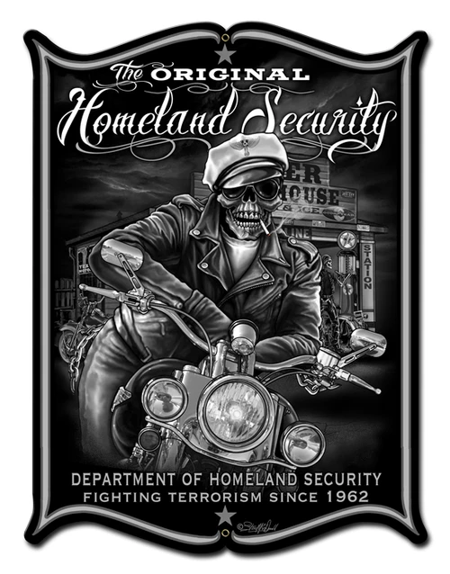 Homeland Security skull biker metal sign 18 x 24 inches featuring a skeleton rider in leather jacket and sunglasses on a classic motorcycle with three headlights