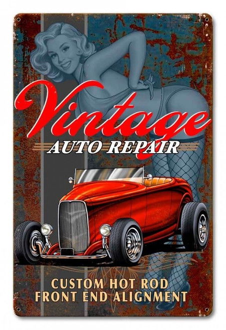 Vintage Auto Repair Pinup Metal Sign 12 x 18 Inches
