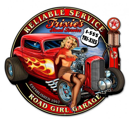 メ*ー様 1999 BASS PRO SHOPS　看板　サインボード Trixie's Rod Pinup Metal Sign 18×16 | Vintage Retro Garage Wall