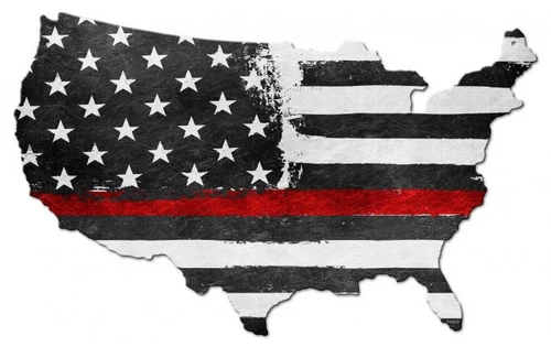 Thin Red Line Firefighter USA Map Metal Sign 25 x 16 inches with distressed black and white American flag, white stars and single red stripe