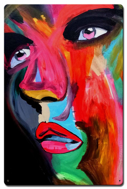 Color Bomb Modern Art Metal Sign 16 x 24 inches featuring an abstract face with pink eyes, black eyebrows, magenta nose, red lips and vivid multicolor brushstrokes