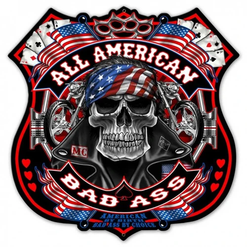All American Badass Skull Metal Sign 24 x 24 inches with American flag bandana skull, black leather biker collar, chrome motorcycles and red white blue banners