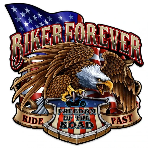 Biker Forever Eagle metal sign 24 x 24 inches with spread-wing bald eagle, waving American flag, Freedom of the Road shield and Ride Fast ribbons