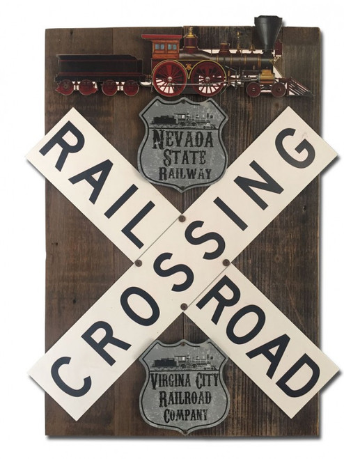 Train Crossroad Railway Set  On Wood Metal Sign 18 x 26 Inches