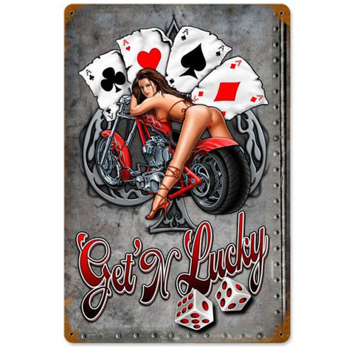 Gettin Lucky Bike Pinup Metal Sign 12 x 18 Inches