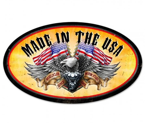World Class Eagle 24x14 oval metal sign with Made in the USA lettering, bald eagle with spread wings, two American flags and V-twin motorcycle engine