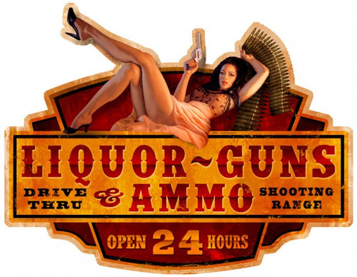 Liquor Guns Ammo Metal Sign 28 x 22  Inches