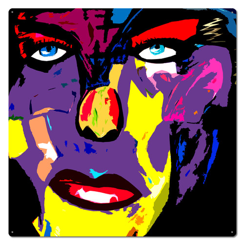 Pop Art Face Metal Sign 28 x 28 inches featuring a colorful face with bright blue eyes, purple and yellow skin tones, red lips and pink hand against a black background