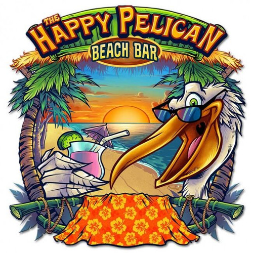 Happy Pelican Beach Bar Metal Sign 20 x 20 Inches