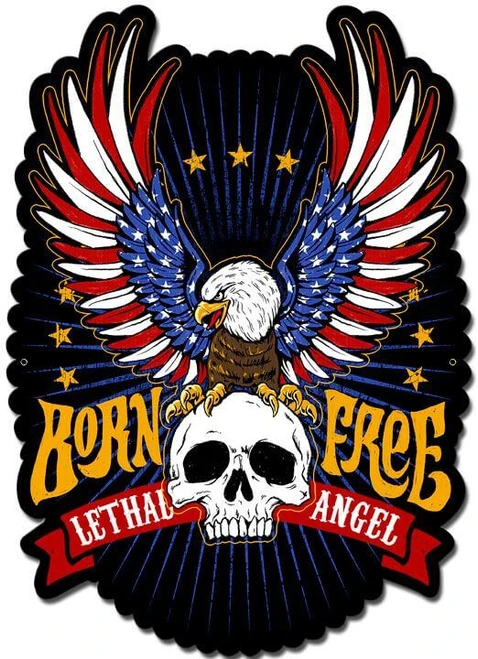 Lethal Angel Born Free Eagle Metal Sign 14 x 19 inches with red white blue eagle wings, white skull, gold Born Free lettering and red Lethal Angel banner