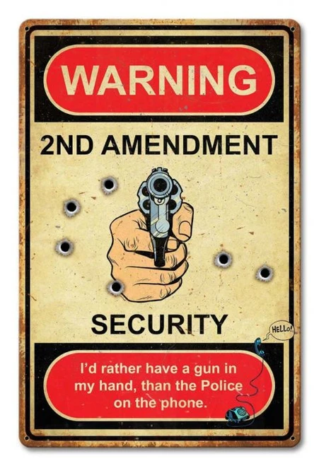 Warning 2nd Amendment Security 12x18 metal sign with red warning header, hand holding illustrated revolver, simulated bullet holes and vintage cream background
