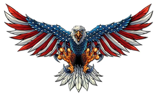 Extra large 42x25 custom cut patriotic bald eagle metal wall sign with spread American flag wings, blue star feathers, red and white stripes and extended talons