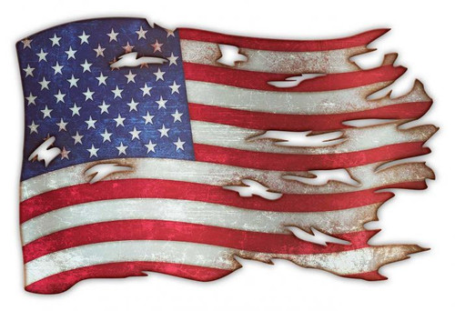 Tattered American Flag Metal Sign 18 x 12 Inches