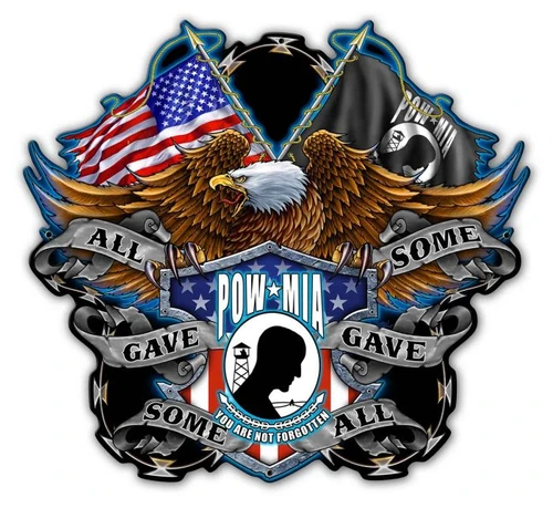 POW Wing 4 Metal Sign 30 x 27 inches with bald eagle, crossed American and POW MIA flags, military remembrance shield and All Gave Some Some Gave All ribbons