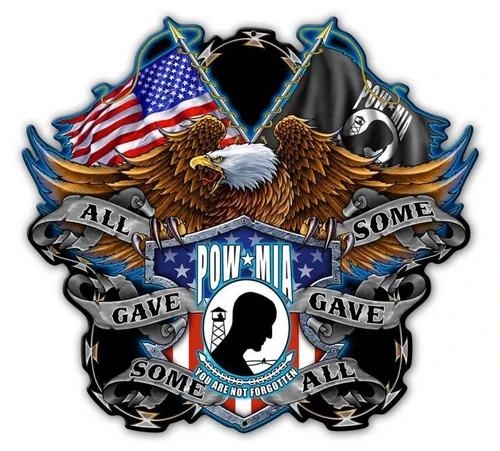 POW Wing 4 Metal Sign 14 x 13 inches featuring bald eagle with spread wings, crossed American and POW MIA flags, POW shield and All Gave Some Some Gave All ribbons