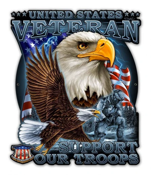 28x33 United States Veteran Support Our Troops custom shape metal sign featuring two bald eagles, American flag, kneeling soldier, lightning and USA shield