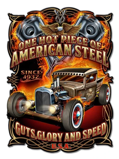 American Steel 14x19 metal sign with vintage brown hot rod, exposed engine, giant flaming pistons, bald eagle and One Hot Piece of American Steel lettering