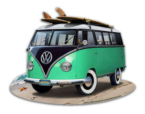 VW Bus Cut Out Green Metal Sign 18 x 14 Inches
