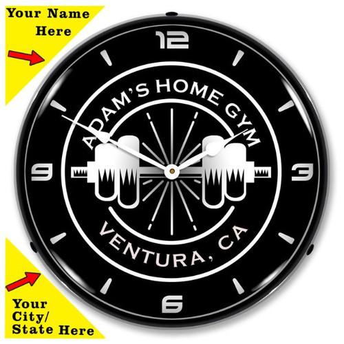 Personalized Home Gym LED Lighted Wall Clock 14 x 14 Inches (Add Your Name /City/State)
