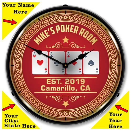 Personalized Poker Room LED Lighted Wall Clock 14 x 14 Inches