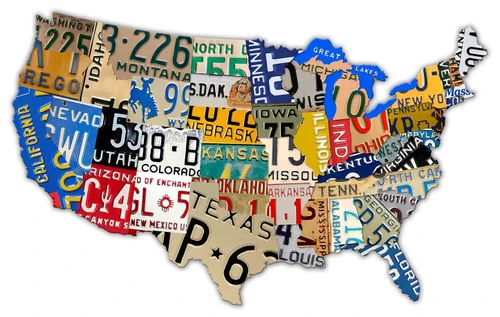 Large 40x25 USA map metal wall sign featuring a colorful collage of vintage state license plate designs, numbers and weathered automotive graphics
