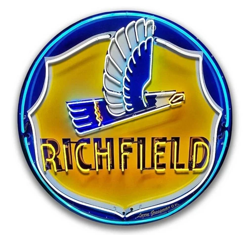 Richfield Gas neon-style round metal sign 16 inches with blue and silver flying eagle, golden shield and bright cyan neon-effect border