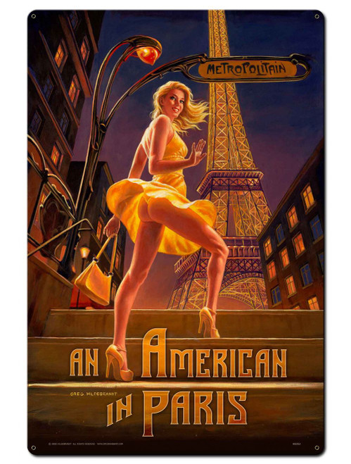 American in Paris Pinup Girl Metal Sign 24 x 36 Inches