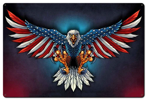 36x24 Eagle With US Flag Spread metal sign showing fierce bald eagle with outstretched red white and blue wings, extended golden talons and dark blue background