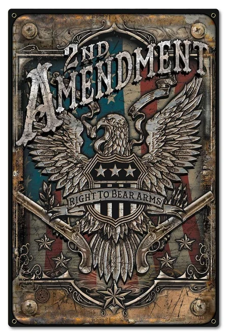 Vintage 2nd Amendment metal sign 16 x 24 inches featuring spread-wing eagle, crossed antique pistols, distressed US flag and Right to Bear Arms lettering