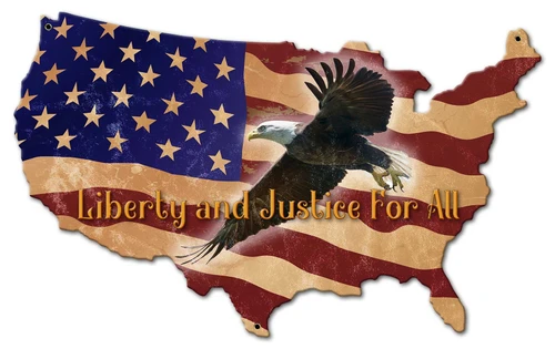 USA-shaped patriotic metal sign 26 x 16 inches featuring a flying bald eagle, vintage American flag and Liberty and Justice for All lettering