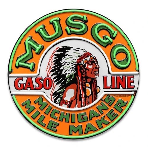Musgo Gasoline neon-style round metal sign 18 inches with green MUSGO lettering, orange background and feathered headdress portrait